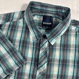 Prana Men's M Short‎ Sleeve Pearl Snap Button Up Shirt Turquoise Plaid Western